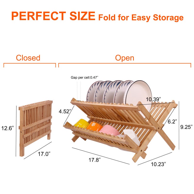 SZUAH Collapsible Bamboo Dish Drying Rack - 2 Tier Space Saving Kitchen Counter Organizer, Holds 19 Plates, Bowls & Utensils (17.8"x10.23"x9.25") - Image 2